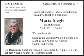 Traueranzeige von Maria Siegle von Gmünder Tagespost