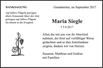 Traueranzeige von Maria Siegle von Gmünder Tagespost