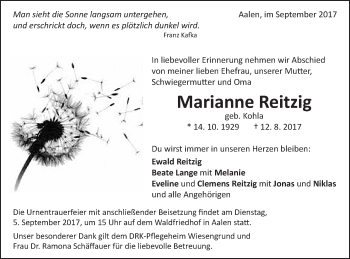 Traueranzeige von Marianne Reitzig von Schwäbische Post