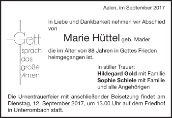 Traueranzeige von Marie Hüttel von Schwäbische Post