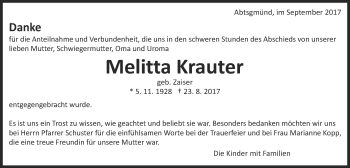 Traueranzeige von Melitta Krauter von Kocher-Lein-Bote