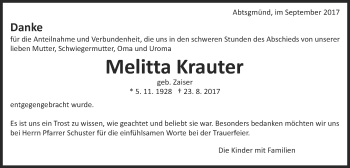 Traueranzeige von Melitta Krauter von Schwäbische Post
