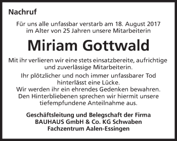 Traueranzeige von Miriam Gottwald von Schwäbische Post
