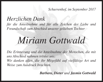 Traueranzeige von Miriam Gottwald von Gmünder Tagespost