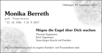 Traueranzeige von Monika Berreth von Schwäbische Post
