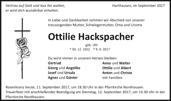 Traueranzeige von Ottilie Hackspacher von Schwäbische Post