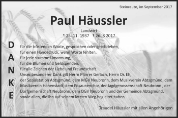 Traueranzeige von Paul Häussler von Schwäbische Post