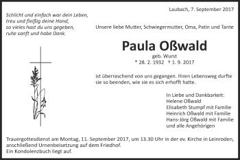 Traueranzeige von Paula Oßwald von Schwäbische Post
