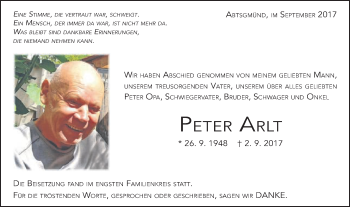 Traueranzeige von Peter Arlt von Schwäbische Post