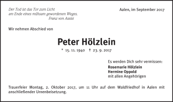 Traueranzeige von Peter Hölzlein von Schwäbische Post