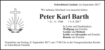 Traueranzeige von Peter Karl Barth von Gmünder Tagespost
