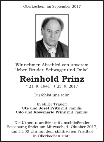 Traueranzeige von Reinhold Prinz von Schwäbische Post