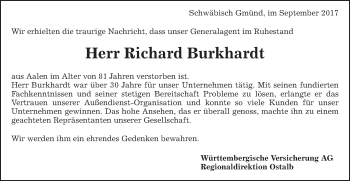 Traueranzeige von Richard Burkhardt von Schwäbische Post