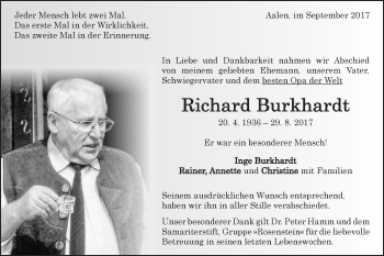 Traueranzeige von Richard Burkhardt von Schwäbische Post