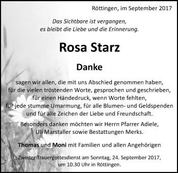 Traueranzeige von Rosa Starz von Schwäbische Post