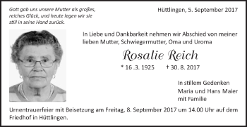 Traueranzeige von Rosalie Reich von Schwäbische Post