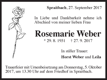 Traueranzeige von Rosemarie Weber von Gmünder Tagespost