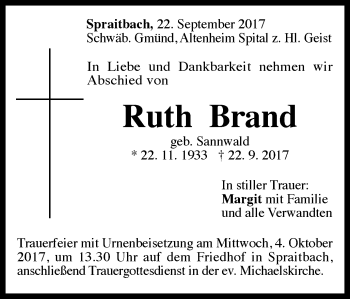 Traueranzeige von Ruth Brand von Gmünder Tagespost