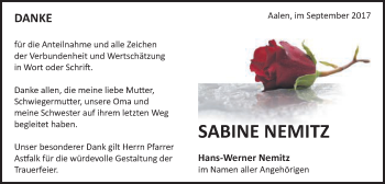 Traueranzeige von Sabine Nemitz von Schwäbische Post