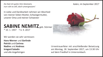 Traueranzeige von Sabine Nemitz von Schwäbische Post