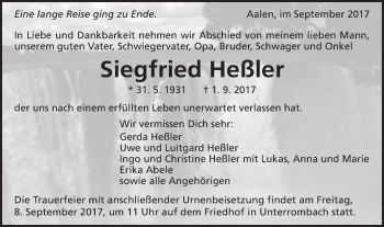 Traueranzeige von Siegfried Heßler von Schwäbische Post