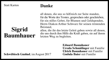 Traueranzeige von Sigrid Baumhauer von Gmünder Tagespost