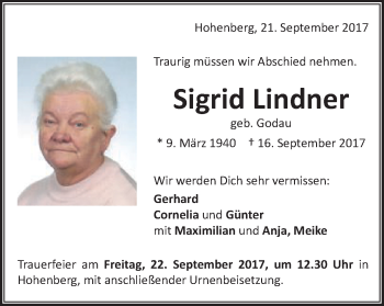 Traueranzeige von Sigrid Lindner von Schwäbische Post