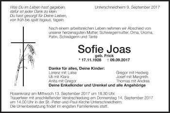 Traueranzeige von Sofie Joas von Schwäbische Post