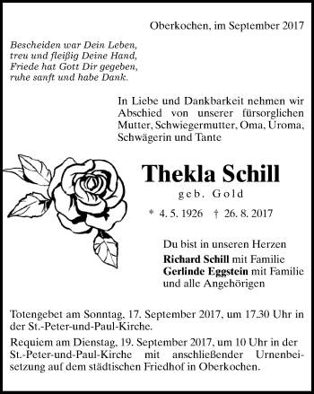 Traueranzeige von Thekla Schill von Amtsblatt_Oko