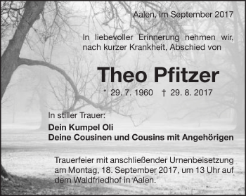 Traueranzeige von Theo Pfitzer von Schwäbische Post
