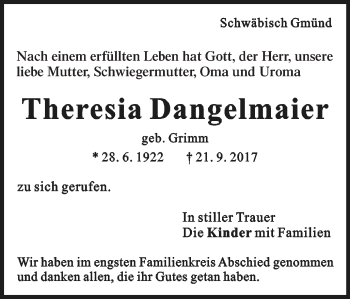 Traueranzeige von Theresia Dangelmaier von Gmünder Tagespost