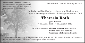 Traueranzeige von Theresia Roth von Gmünder Tagespost