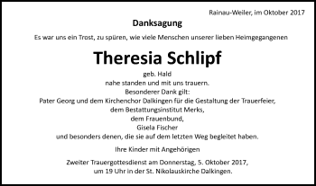Traueranzeige von Theresia Schlipf von Schwäbische Post