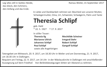 Traueranzeige von Theresia Schlipf von Schwäbische Post