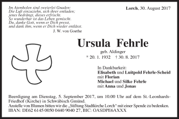 Traueranzeige von Ursula Fehrle von Gmünder Tagespost