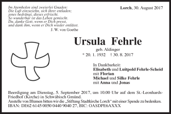 Traueranzeige von Ursula Fehrle