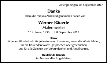 Traueranzeige von Werner Bäuerle von Kocher-Lein-Bote