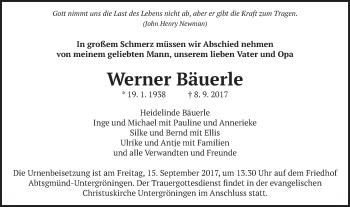 Traueranzeige von Werner Bäuerle von Schwäbische Post