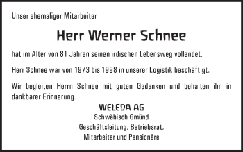 Traueranzeige von Werner Schnee von Gmünder Tagespost