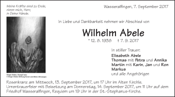 Traueranzeige von Wilhelm Abele von Schwäbische Post