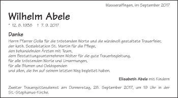 Traueranzeige von Wilhelm Abele von Schwäbische Post