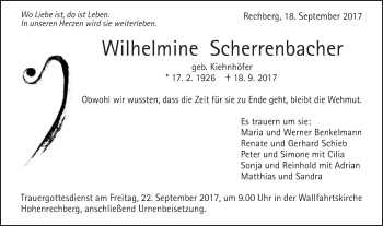Traueranzeige von Wilhelmine Scherrenbacher von Gmünder Tagespost