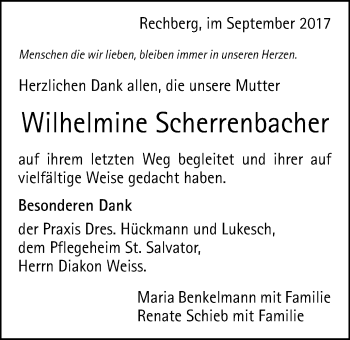 Traueranzeige von Wilhelmine Scherrenbacher von Gmünder Tagespost