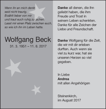 Traueranzeige von Wolfgang Beck von Gmünder Tagespost