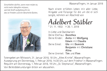 Traueranzeige von Adelbert Stäbler von Schwäbische Post