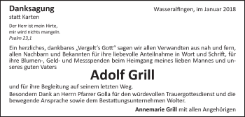 Traueranzeige von Adolf Grill von Schwäbische Post
