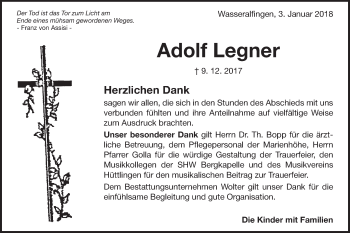 Traueranzeige von Adolf Legner von Schwäbische Post