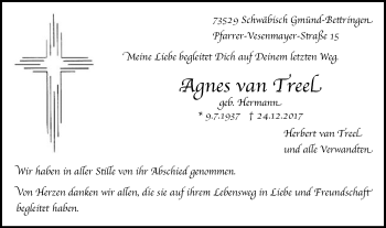 Traueranzeige von Agnes van Treel von Gmünder Tagespost