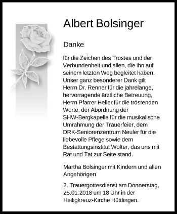 Traueranzeige von Albert Bolsinger von Schwäbische Post