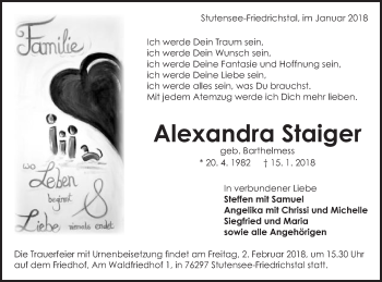 Traueranzeige von Alexandra Staiger von Schwäbische Post